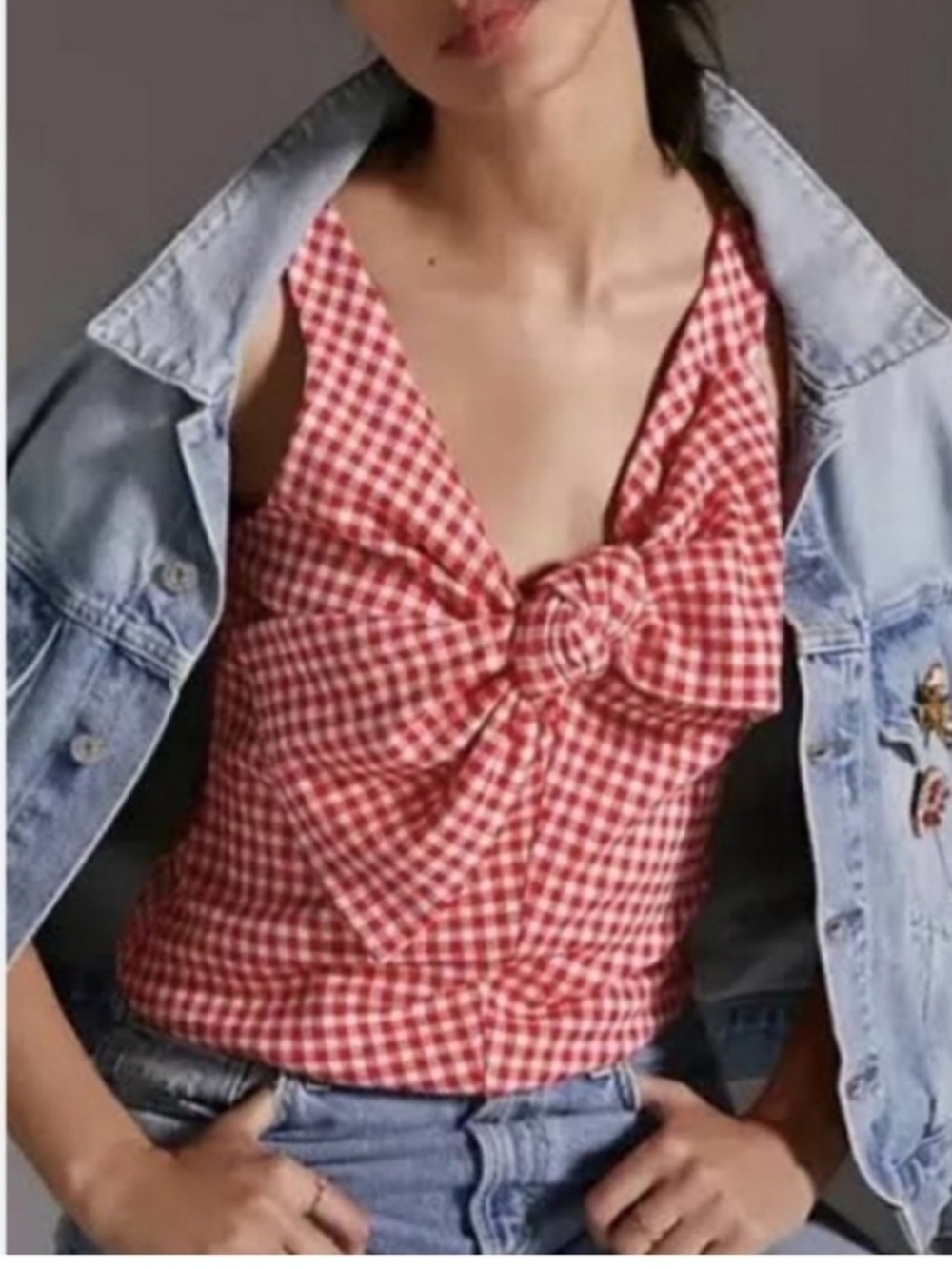 Anthropologie Eva Franco red gingham bow shirt, size Medium